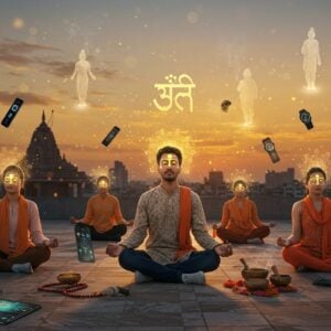 A serene urban rooftop meditation scene at sunset, featuring young Indian professionals in modern clothing sitting in lotus position, their faces illuminated by holographic golden Sanskrit letters floating in the air. The central figure wears sleek Indo-western fusion attire (flowing white kurta with designer jeans), surrounded by floating, ethereal mandalas and digital visualization of sound waves in warm saffron and deep blue hues. Smart watches and meditation apps on floating transparent screens blend seamlessly with traditional meditation beads and brass singing bowls. The background shows a modern cityscape with ancient temples, connected by streams of golden light. Ethereal wisps of incense smoke form the shapes of ancient saints and gurus. The scene features a gradient sky from deep indigo to orange-gold, with subtle Madhubani-style patterns in the clouds. Sacred geometry patterns pulse with soft light, creating a harmonious blend of technology and tradition. The lighting is dreamy and atmospheric, with lens flares and particle effects in gold and white. Photorealistic digital art style with high-end 3D rendering quality, emphasizing both modern sleekness and spiritual warmth.