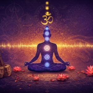 A serene Indian yogi in lotus position floating in a cosmic ethereal space, their body emanating concentric circles of vibrant sound waves in gold and deep indigo. Multiple translucent mandalas representing different musical frequencies overlap in the background, each with intricate Madhubani-style patterns. The yogi's chakras are visible as glowing points along their spine, each resonating with different musical notes visualized as sacred geometric patterns. Swirling ethereal wisps in peacock blue and saffron create a dynamic flow around the figure. A large golden Om symbol radiates light at the crown of the composition. The scene features floating lotus flowers that appear to be vibrating with sound, their petals creating ripple effects in the space around them. Multiple traditional Indian musical instruments like veena, tabla, and tampura appear as subtle, ghostly forms in the background. The lighting is mystical with soft purple and gold gradient, creating an atmosphere of deep meditation and spiritual awakening. Art style merges traditional Pattachitra techniques with modern digital art, emphasizing flowing lines and sacred geometry.