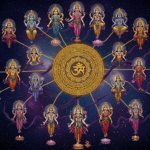 A celestial panorama featuring 27 ethereal, luminous deities arranged in a circular mandala formation against a deep cosmic background filled with twinkling stars and constellation patterns. Each deity, depicted in traditional Indian style with distinct features and attributes, emanates a unique colored aura matching their nakshatra energy. In the center, a large, intricately detailed golden chakra wheel rotates gently, containing Sanskrit symbols in a modern minimalist style. The scene includes flowing cosmic ribbons in deep indigo and gold connecting each deity, representing their interconnected influence. The deities are adorned with traditional Indian jewelry and celestial garments in rich colors - deep blues, royal purples, and shimmering golds. Floating lotus flowers and celestial symbols surround them, while subtle sacred geometry patterns weave throughout the composition. The lighting creates a dramatic effect with divine rays emerging from behind the deities, casting a otherworldly glow. The art style combines traditional Vedic iconography with modern digital art techniques, featuring smooth gradients and elegant light effects. The overall composition suggests both cosmic grandeur and spiritual wisdom.