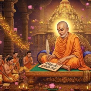 A serene portrait of Sant Namdev in traditional Indian attire, seated cross-legged on an ornate golden platform, deep in divine contemplation. His face radiates peace with a subtle golden aura. He's writing poetry on palm leaves with an ancient quill pen, surrounded by floating, illuminated verses in Modi script. The background features a large, intricately detailed Vitthal temple in Pandharpur style architecture with detailed carved pillars. Mystical streams of light emanate from the temple, creating a divine atmosphere. In the foreground, devotees in traditional Maharashtrian attire are singing abhangs with their eyes closed in devotion. The scene is decorated with floating lotus flowers, glowing diyas, and delicate marigold garlands. The color palette combines deep maroons, saffron, and peacock blue with touches of celestial gold. The art style merges traditional Pattachitra techniques with modern digital aesthetics, creating a harmonious blend of ancient spirituality and contemporary artistry. The lighting is ethereal with soft glowing highlights and subtle shadows.