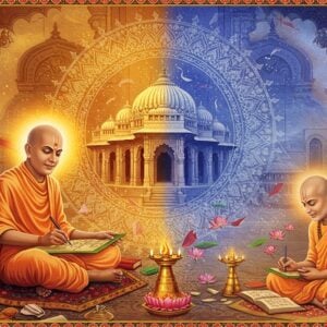 A serene scene depicting Sant Namdev in traditional Indian attire (white dhoti and angavastram) seated cross-legged on a decorated platform, surrounded by a mix of ethereal golden light and royal blue aura. One half of the scene shows him writing poetry on palm leaves with devotion, while the other half shows him performing kirtan with devotees. Behind him, a large, intricate mandala pattern morphs from complex myths (shown in darker shades of maroon and deep blue) to simpler, clearer truths (shown in bright golden light). Floating lotus flowers and scattered manuscripts create a bridge between both sides. The background features the Pandharpur temple architecture in a dreamy, distant perspective. Soft beams of light filter through ornate Indian architectural elements. The art style combines traditional Madhubani patterns in the borders with modern digital art techniques, using a palette of gold, saffron, white, and peacock blue. Hyperrealistic details in Namdev's serene expression and hand gestures, with an overall mystical, spiritual atmosphere enhanced by glowing particles and subtle sacred geometrical patterns.