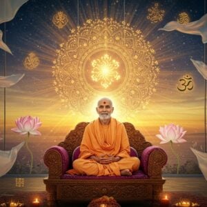 A serene portrait of an Indian spiritual leader in his early 50s with a gentle, wise expression, wearing pristine white kurta and dhoti, seated in padmasana on an intricately carved wooden platform. He's surrounded by a large, glowing golden mandala that emanates rays of divine light. The background features a modern interpretation of traditional Madhubani art with interconnected patterns in deep indigo and saffron. Multiple ethereal lotus flowers float around him, rendered in soft pastels of pink and white. Floating spiritual symbols in gold - including Om, swastika, and other sacred geometrical patterns - create a halo-like effect. The lighting is warm and divine, creating a soft glow around his figure. The scene is set in a contemporary meditation hall with glass walls showing a sunrise. Translucent, flowing fabric banners in pale blue and golden hues drift in a gentle breeze. The art style combines hyperrealistic digital rendering with traditional Indian artistic elements, creating a bridge between ancient wisdom and modern spirituality.