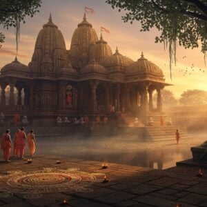 A grand ancient stone temple complex at sunrise, with intricate Maratha-style architecture featuring detailed carvings of Sant Namdev and Lord Vitthal. The temple's golden spires emerge through morning mist, illuminated by soft orange sunlight. In the foreground, a serene stone courtyard with intricate mandala rangoli patterns leads to the temple steps. Modern Indian pilgrims in traditional attire (kurtas and dhotis) walking reverently towards the temple. The scene includes symbolic elements like floating lotus flowers, glowing diyas, and prayer flags. The art style combines traditional Pattachitra patterns in the temple's decorative elements with contemporary digital art techniques. The color palette features deep maroons, saffron yellows, and peaceful morning blues. Ethereal light rays pierce through the temple's ornate windows, creating a divine atmosphere. The temple's reflection appears in a still water body nearby, adding symmetry and depth. Detailed stone sculptures of musicians and dancers grace the temple walls, paying homage to Namdev's devotional songs. The scene is framed by ancient banyan trees with hanging roots, their leaves catching the golden morning light.