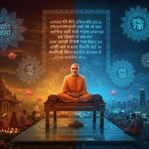 A mystical scene showing Sant Namdev seated in padmasana on a modern glass platform floating above a cityscape of 2025 Mumbai, wearing traditional white dhoti and angavastram. Behind him, a large holographic projection displays his famous abhangs in Devanagari script glowing in ethereal blue. The scene is split between past and present - the left side shows traditional Pandharpur temple architecture with devotees in historical attire, while the right shows modern Indians in contemporary clothes using smartphones to read Namdev's poetry. Multiple translucent mandalas float in the air, combining traditional Madhubani patterns with futuristic neon elements. The lighting creates a dramatic contrast - warm golden light bathes the traditional elements while cool blue tech-inspired lighting illuminates the modern aspects. Lotus flowers made of light particles float upward. Intricate Pattachitra-style border frames the entire scene, seamlessly blending ancient motifs with circuit board patterns. The art style is hyperrealistic digital art with elements of Indian miniature painting, rendered in rich colors like deep maroon, saffron, and electric blue.