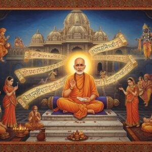 A serene scene depicting Sant Namdev seated in lotus position on ornate marble steps, wearing traditional saffron dhoti, surrounded by radiating golden light. His hand gestures show him composing verses while celestial musical instruments (veena, mridangam) float ethereally around him. The background features a grand Vitthal temple in Pandharpur with intricate Marathi-style architecture, rendered in deep blues and golds. Translucent scrolls with flowing Marathi script emanate from him like waves, transforming into blooming lotuses. Multiple devotees in period-accurate 13th-century Maharashtrian attire dance in spiritual ecstasy. The scene includes mystical elements like a semi-transparent Vitthal deity figure blessing Namdev. The art style combines traditional Paithan painting technique with modern digital art, featuring rich jewel tones (deep maroon, royal blue, saffron) and intricate mandala patterns. Soft glowing auras and floating diyas create a divine atmosphere. The entire composition is framed by ornate Maharashtra folk art borders with detailed peacock motifs and geometric patterns.