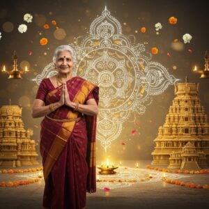 A serene Tamil elderly woman in a traditional silk pavadai sari with Temple border design in deep maroon and gold, performing anjali mudra (gratitude gesture) with a gentle smile. Behind her, a large, ornate kolam pattern in white and gold glows ethereally, incorporating traditional Tamil symbols and peacock motifs. The scene is set in a contemporary minimalist space with warm lighting, where floating golden Tamil architectural elements from ancient temples blend seamlessly with modern geometric patterns. Soft rays of morning light filter through, creating a mystical atmosphere. Delicate jasmine flowers and marigold petals float in the air, forming subtle patterns. The woman wears traditional Tamil jewelry including thali, kammal, and nose ring. The color palette focuses on gold, deep maroon, peacock blue, and warm earthy tones. The art style combines Tanjore painting techniques with modern digital art, featuring intricate details and a sophisticated composition. Soft bokeh effects and subtle lens flares add depth and contemporary appeal.