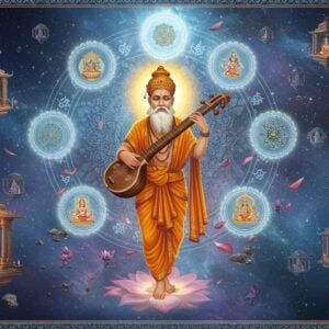 A mystical scene depicting Sage Narada floating in ethereal space, wearing traditional saffron robes with intricate gold patterns, playing his signature veena. He is surrounded by five concentric rings of light in pastel blue and gold, representing the five aspects of Pancharatra. Each ring contains detailed Vaishnava symbols - the conch, chakra, mace, and lotus. In the background, a massive, ornate mandala structure with Sanskrit geometric patterns emerges from a cosmic void, illuminated by divine light. Floating crystal-like structures contain miniature scenes of worship rituals. The color palette combines deep indigos, celestial blues, and metallic golds. The art style merges traditional Madhubani patterns in the borders with modern digital art techniques, creating a surreal, spiritual atmosphere. Multiple translucent layers of lotus petals float in the space, some carrying subtle Vaishnava iconography. A soft, otherworldly glow emanates from Narada's form, highlighting his serene expression and the intricate details of his veena. The overall composition suggests both ancient wisdom and contemporary relevance.