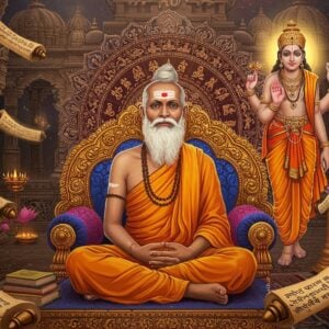A majestic scene depicting an elderly Indian sage Narahari Tirtha in traditional saffron dhoti and angavastram, seated in padmasana on an ornate golden throne, surrounded by ancient palm leaf manuscripts and Sanskrit texts. His face radiates divine wisdom with a serene expression, grey beard, and tilaka mark. Behind him, a large, intricately detailed Madhubani-style mandala in deep maroon and gold depicts the symbols of Madhwa philosophy. To his right, the figure of Madhwacharya appears as a divine, ethereal presence in glowing golden light. The background features a grand ancient temple architecture with carved pillars and domes. Floating lotuses and sacred symbols in peacock blue and gold create a mystical atmosphere. Soft rays of divine light illuminate the scene from above. The art style combines traditional Pattachitra patterns with modern digital art techniques, featuring rich textures and a harmonious blend of deep colors. Multiple scrolls with Sanskrit writings float gracefully around him, their edges emitting a subtle golden glow. The overall composition emphasizes spiritual wisdom and scholarly devotion through its detailed symbolism and ethereal lighting.