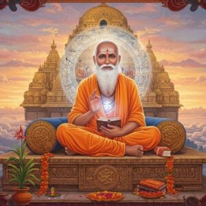 A serene portrait of an elderly Indian sage Narahari Tirtha in traditional saffron robes, seated in padmasana on an intricately carved stone platform adorned with Madhva symbols. His face radiates divine wisdom with gentle eyes and a peaceful smile. Behind him rises a massive golden temple architecture with distinctive South Indian gopuram. His right hand holds sacred texts while his left hand is in chin mudra. A ethereal mandala of blue-white light emanates from him, containing miniature scenes of him teaching disciples. The foreground features a sacred tulsi plant and scattered marigold flowers. The background shows a mystical sunrise with soft pastel clouds in pink and orange. Traditional Madhubani-style decorative patterns frame the scene, featuring peacocks and lotus motifs in deep maroon and peacock blue. The lighting is warm and divine, with golden rays filtering through the scene. The art style seamlessly blends traditional Indian art with modern digital fantasy aesthetics, creating a surreal yet spiritually grounded atmosphere.