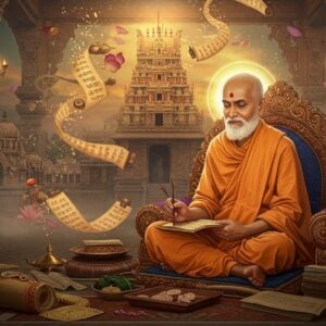 A serene Indian sage in ochre robes seated in padmasana on an intricately carved wooden throne, surrounded by ancient palm leaf manuscripts and copper plates scattered around him. His face radiates wisdom with a gentle smile, tilted slightly downward as he writes with a traditional reed pen. A soft golden aura surrounds him, illuminating the detailed Madhubani-style borders featuring Hanuman and Vayu motifs. In the background, the Madhwa mathas of Udupi are depicted in a dreamy, ethereal style with floating lotuses and glowing mandalas. The scene is rendered in rich earth tones of saffron, deep maroon, and burnished gold, with accents of peacock blue. Multiple floating scrolls with Sanskrit texts spiral upward, transforming into mystical light particles. The setting combines traditional Indian architectural elements with surreal, spiritual elements, creating a harmonious blend of the ancient and divine. The lighting is warm and focused, creating a sacred atmosphere with rays of light filtering through temple windows. Soft mist adds depth and mystery to the background. The art style merges classical Indian miniature painting techniques with modern digital art aesthetics, ultra-detailed, 8k resolution