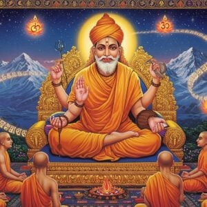 A majestic portrait of Sri Narasimha Saraswati in traditional guru attire, seated in padmasana on a golden lotus throne against a mystical backdrop of the Himalayas. He has a serene expression, with a luminous golden aura surrounding him. His four hands hold a japa mala, pustaka (sacred text), abhaya mudra, and kamandalu. The scene features floating mandalas in soft pastels of blue and gold, with Sanskrit verses transforming into streams of light that swirl around him. In the foreground, devoted disciples in meditation pose, their faces illuminated by the divine energy. Intricate Madhubani-style patterns form the border, incorporating sacred symbols like Om and swastikas in gold. The lighting is ethereal with soft golden rays descending from above, creating a supernatural atmosphere. The color palette includes deep saffron, celestial blue, and molten gold. The art style should blend hyperrealistic digital rendering with traditional Indian artistic elements, emphasizing both divinity and accessibility.