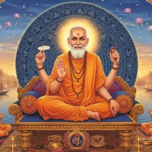 A majestic portrait of Sri Narasimha Saraswati in his traditional orange-saffron robes, seated in padmasana on an ornate golden lotus throne, radiating divine light. His four hands hold sacred items - japa mala in upper right, kamandalu in upper left, pothi (sacred text) in lower right, and chinmudra (blessing gesture) in lower left. His face is serene with a gentle smile, tilak on forehead, and flowing white beard. Behind him is a large, intricate mandala in deep blue and gold, with Sanskrit symbols subtly woven into its pattern. Floating lotuses and sacred threads surround him. The background features a mystical Gangetic landscape with the holy river, ancient temples, and dawn sky in soft pastels. Devotees in traditional Indian attire are shown in smaller scale performing various practices - some meditating, others offering flowers, and a few chanting with malas. The overall composition combines hyperrealistic detail with ethereal lighting effects, creating a modern spiritual aesthetic while maintaining traditional iconography. The scene is enhanced with soft golden particles and subtle light rays emanating from the saint's aura.