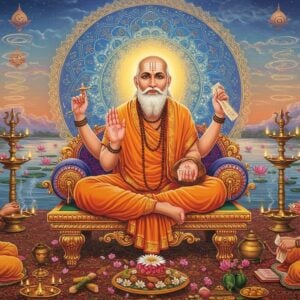 A majestic portrayal of Sri Narasimha Saraswati seated in padmasana on a golden lotus throne, radiating divine white light, wearing saffron robes with intricate Madhubani-style patterns. His four hands hold a japa mala, kamandalu, chinmudra gesture, and sacred texts. His face serene with a trimmed white beard, tilak on forehead, and peaceful eyes. Behind him, a large ethereal mandala in peacock blue and gold creates a halo effect. The background features a mystical riverscape of the Narmada with floating lotus flowers, soft pastel clouds, and subtle Dattartreya symbols. Surrounding him are devotees performing puja with traditional brass lamps, flowers, and offerings in rich maroon and saffron hues. The scene is enhanced with glowing diyas, spiral patterns of sacred smoke, and floating flower petals. The art style combines hyperrealistic digital rendering with traditional Pattachitra elements, creating a harmonious blend of ancient and contemporary aesthetics. The lighting is warm and divine, with golden rays emanating from the saint's form.