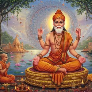A majestic figure of Sri Narasimha Saraswati seated in padmasana on a golden lotus platform, wearing saffron robes with intricate Madhubani-style patterns. His right hand holds a crystal mala, left hand in chin mudra, radiating divine wisdom. His face serene with a trimmed white beard, tilak on forehead, and a subtle golden aura surrounding him. Behind him, a large ornate mandala in peacock blue and gold extends like a cosmic wheel. The background features the sacred Ganges flowing with ethereal blue waters, dotted with floating lotus flowers. The scene is set during sunrise, with soft rays of light creating a mystical atmosphere. On either side, ancient banyan trees with aerial roots frame the composition. Small groups of disciples in traditional Indian attire sit in reverence. The art style combines hyperrealistic digital rendering with traditional Pattachitra elements, featuring rich jewel tones of maroon, saffron, and deep blue. Ethereal particles of light float in the air, creating a supernatural ambiance. The overall composition suggests both spiritual power and profound peace.