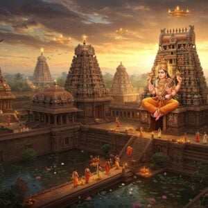 A majestic temple complex in traditional Dravidian architecture style, illuminated by golden sunrise rays, with Lord Narasimha Saraswati's divine form (wearing saffron robes, seated in padmasana, four hands holding japa mala, kamandalu, sacred texts, and blessing gesture) emanating a soft ethereal glow in the center. The temple features intricate stone carvings, multiple-tiered gopurams with detailed sculptures, surrounded by blooming lotus ponds and banyan trees. Sacred symbols like Om and Swastika adorned in gold on temple walls. Devotees in modern Indian attire performing pradakshina around the temple. The scene combines photorealistic architecture with mystical elements - floating diyas, subtle mandalas in the sky, and translucent spiritual energy streams. Aerial perspective showing multiple interconnected temples and pilgrim pathways. Color palette: deep maroons, burnished gold, peacock blue, with hints of sunrise orange. Style: hyper-detailed digital art merging traditional Madhubani patterns with contemporary architectural visualization, cinematic lighting with god rays filtering through temple pillars.