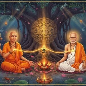 A mystical scene depicting two enlightened saints - Narasimha Saraswati in saffron robes seated in padmasana on left, Swami Samarth in white robes seated on right, connected by an ethereal golden thread of light between their heart chakras. Behind them rises a massive ancient banyan tree with glowing roots. The background features an ornate Dattatreya yantra mandala in deep indigo and gold. Floating lotus flowers and peacock feathers frame the composition. Both saints have serene expressions, tilaks on forehead, rudraksha malas, and radiant golden auras. The lighting is divine with rays of light streaming down. The art style combines traditional Pattachitra patterns in the details with modern digital painting techniques. Sacred symbols like the trishul, kamandalu and meditation beads are scattered around. The overall scene has a dreamy, spiritual quality with soft mist and floating flower petals. The color palette focuses on deep maroons, saffron, gold and peacock blue with hints of ethereal white light.