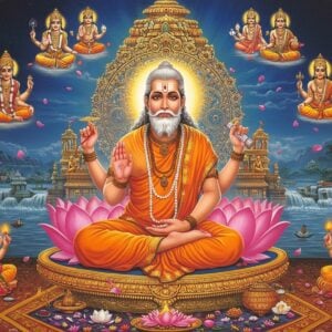A majestic portrayal of Sri Narasimha Saraswati in his signature saffron robes, seated in padmasana on a golden lotus platform, emanating divine light. His four hands hold a japa mala, kamandalu, sacred texts, and abhaya mudra. His face is serene with a trimmed white beard, tilak on forehead, and a radiant aura surrounding him. Behind him, a large ornate mandala in Dravidian architectural style glows in ethereal blues and golds. The scene shows multiple miniature vignettes floating around him depicting his famous miracles - a child being blessed, crops growing abundantly, and healing of devotees. The background features the sacred Sangam rivers flowing with crystalline waters. Intricate Madhubani-style patterns in gold and deep maroon frame the scene. The lighting is mystical with soft golden rays and floating lotus petals. The art style combines hyperrealistic digital painting with traditional Indian art motifs, creating a contemporary spiritual aesthetic.