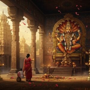 A majestic ancient South Indian temple complex with traditional Dravidian architecture, illuminated by golden morning sunlight. In the center, Lord Narasimha in his divine form with a lion face and human body, adorned with golden ornaments and a crown, seated in padmasana on a grand throne. He has four arms - upper right holding the Sudarshana Chakra, upper left holding the conch shell, lower right in abhaya mudra, and lower left in varada mudra. The temple walls feature intricate Madhubani-style paintings depicting scenes from Hindu scriptures. The foreground shows devotees in modern Indian attire performing puja with traditional brass lamps. The scene is enhanced with floating lotus petals, glowing mandalas, and soft ethereal mist. The color palette combines deep maroons, saffron, and peacock blue with modern metallic gold accents. Mystical light rays filter through ornate temple windows, creating a divine atmosphere. The architecture seamlessly blends traditional elements with contemporary design features, while maintaining its sacred essence. The overall composition suggests a perfect harmony between ancient tradition and modern spirituality.