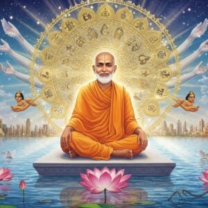 A serene portrait of Narayana Guru in his traditional white dhoti, seated in padmasana on a modern, minimalist platform floating above calm waters. His expression is peaceful and enlightened, with a gentle smile. Behind him, a large, intricate mandala made of golden light patterns represents social unity, with symbols of all religions seamlessly blending. Modern high-rise buildings and traditional temples coexist harmoniously in the background. Rays of divine light in soft blues and whites emanate from his form. The foreground features lotus flowers in various stages of bloom, symbolizing spiritual awakening. Flying doves and breaking chains represent freedom and social equality. The art style combines traditional Madhubani patterns in the mandala with modern digital art techniques, using a color palette of white, gold, peaceful blues, and subtle earth tones. The overall composition has a dreamy, ethereal quality with soft glowing effects and floating light particles. Multiple transparent hands emerge from his aura, reaching out to help people of different social backgrounds, depicted in modern clothing but with Indian features.
