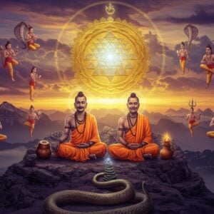 A mystical scene depicting Guru Matsyendranath and Guru Gorakhnath in meditation, seated in padmasana on a sacred mountain peak. They wear traditional orange-saffron robes with distinctive Nath identifiers - kundalas (ear rings) and a horn necklace. Behind them rises a massive golden Sri Yantra emanating ethereal blue light. The background shows the Himalayas at dawn with swirling clouds in deep purples and golds. Multiple yogis in various yoga poses float in the air, demonstrating siddhis (mystical powers). Sacred symbols like the trident, damaru drum, and kamandalu are arranged around them. The scene incorporates elements of traditional Madhubani art with modern digital aesthetics - intricate geometric patterns, mandalas, and flowing energy lines in metallic gold and deep indigo. A large supernatural serpent (representing kundalini) coils around the mountain, its scales shimmering with an iridescent glow. The lighting is ethereal and dramatic, with rays of divine light breaking through clouds. Photorealistic style with fantasy elements, cinematic composition, volumetric god rays, detailed textures.