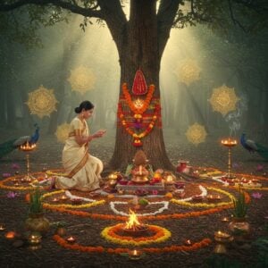 A serene Indian forest clearing at dawn, where a traditionally-dressed Indian woman in a cream silk saree performs a sacred ritual before a sacred Peepal tree adorned with red and yellow threads. The tree's trunk is decorated with vermillion, flowers, and a brass kalash with coconut. Around the tree, intricate Madhubani-style mandalas float ethereally, glowing with golden light. The ground is carpeted with marigolds and lotus flowers in a perfect mandala pattern. Multiple elements of nature worship - a small sacred fire, water in copper vessels, tulsi plants, and crystalline stones - are arranged in cardinal directions. Morning sun rays filter through the tree canopy, creating divine light beams. Peacocks and deer are visible in the background. The scene features a mystical blend of hyperrealistic photography and traditional Indian art, with rich colors of saffron, deep green, and gold. Small floating diyas and incense smoke create an otherworldly atmosphere. The lighting is warm and spiritual, with a soft golden glow encompassing the entire scene.