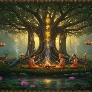 An ethereal scene depicting an ancient Indian spiritual gathering at dawn, with devotees performing rituals around a sacred banyan tree. The massive tree glows with divine golden light, its aerial roots creating natural mandala patterns. In the foreground, three Indian priests in traditional dhoti and angavastram perform a sacred fire ritual, with smoke forming mystical patterns in the air. The scene features various natural elements - a crystalline stream, blooming lotus flowers, peaceful deer, and sacred peacocks. Sacred symbols like Om, Swastika, and Trishul are subtly integrated into the landscape through flower patterns and light effects. The color palette combines deep forest greens with spiritual golds and soft morning pastels. The style merges traditional Madhubani patterns in the border details with modern digital art techniques, featuring volumetric lighting and atmospheric depth. Multiple floating diyas and flower petals create a magical atmosphere, while sacred threads and flower garlands adorn the tree. The overall composition should be serene yet mystical, balancing ancient wisdom with contemporary artistic expression.