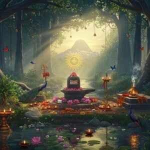 A serene Indian forest temple clearing at dawn, with rays of golden sunlight filtering through ancient banyan trees adorned with sacred threads and bells. A stone Shiva lingam emerges naturally from the earth, surrounded by blooming lotus flowers in pink and white. Around it, intricate Madhubani-style patterns of the sun, moon, and elements flow in metallic gold. The scene features a sacred Tulsi plant on an elevated platform, with peacocks nearby. A pristine stream flows past the shrine, reflecting the morning light. In the background, the sacred Mount Kailash appears as a mystical silhouette. Floating diyas and marigold flowers dot the water's surface. The color palette combines deep forest greens with spiritual golds, saffrons, and peacock blues. The scene is enhanced with ethereal mist and glowing auras around sacred elements. The art style merges hyperrealistic nature photography with traditional Indian Pattachitra patterns, creating a mystical atmosphere. Small details include butterflies, sacred cows grazing peacefully, and delicate smoke wisps from incense sticks.