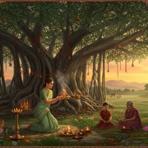 A serene Indian landscape at dawn, featuring a majestic ancient banyan tree adorned with sacred red threads and bells, its aerial roots creating mystical archways. In the foreground, a young Indian woman in a contemporary cotton saree (sage green) performs aarti to the rising sun, her brass thali decorated with marigolds and floating diyas. Behind her, an elderly woman in traditional silk saree (deep maroon) teaches a small group of children about tulsi plants in a modern garden setting. The scene is illuminated by soft golden sunlight filtering through the banyan leaves, creating ethereal patterns. Traditional Madhubani-style peacocks and deer are integrated into the background, while modern wind turbines and solar panels appear subtly on distant hills. The color palette blends earthy browns, forest greens, and sunrise oranges with touches of gold. Floating lotus flowers, sacred fig leaves, and smoke from incense sticks add layers of depth. The art style combines hyperrealistic digital rendering with traditional Indian Pattachitra patterns in the sky and borders, featuring intricate mandala-like designs of sun, moon, and stars.