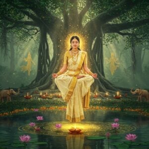 A serene Indian woman in a flowing ivory silk saree with gold border meditating in lotus position, floating above a reflective sacred pond surrounded by blooming lotus flowers. She's adorned with traditional gold jewelry and has a subtle golden aura. In the background, a massive ancient banyan tree with glowing roots intertwines with an intricate mandala pattern. Floating diyas and marigold flowers surround her. The scene features ethereal light streaming through tree canopy, creating dappled golden patterns. Sacred elements like peacocks, elephants, and deer emerge from sacred geometry patterns in the corners. Soft morning mist adds mystical atmosphere. The color palette includes deep forest greens, warm golds, soft oranges, and celestial blues. Art style combines hyperrealistic digital painting with traditional Madhubani patterns in the details. Multiple translucent layers of nature spirits and devas emerge from the trees in subtle golden outlines. The overall composition suggests harmony between human consciousness and nature's divinity.