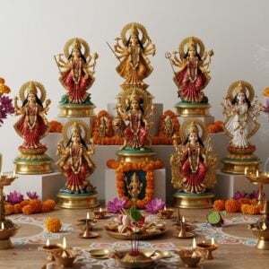 A meticulously arranged modern home altar dedicated to Navadurga, featuring nine distinct golden pedestals arranged in a sacred geometric pattern against a pristine white wall. Each pedestal holds a beautifully detailed murti of the Durga forms - Shailaputri with her trishul and lotus, Brahmacharini with rudraksha and kamandalu, Chandraghanta with her golden bell, Kushmanda radiating divine light, Skandamata seated on a lion with Kartikeya, Katyayani wielding sword and lotus, Kaalratri with dark complexion and divine weapons, Mahagauri in pure white with damaru, and Siddhidatri with her lotus throne. The altar is adorned with fresh marigolds, lotus flowers, and red hibiscus arranged in contemporary brass vases. Crystal clear brass diyas with floating wicks create a warm, ethereal glow. Modern minimalist rangoli patterns in traditional colors frame the altar. Smoke from copper incense holders swirls upward, creating mystical patterns. The scene combines traditional Madhubani patterns with modern interior design elements, featuring rich maroons, deep blues, and golden accents. Soft focus lighting creates a serene, spiritual atmosphere with subtle lens flares around the murtis.