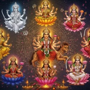 A majestic circular mandala composition featuring nine distinct forms of Durga Maa arranged in a lotus pattern, each radiating their sacred colors - Shailaputri in crystal white wearing a white saree with silver accents, Brahmacharini in royal blue with a rudraksha mala, Chandraghanta in golden yellow wielding a bell, Kushmanda in bright orange emanating solar rays, Skandamata in red holding baby Kartikeya, Katyayani in deep red with three eyes and four arms holding sword and lotus, Kalaratri in deep midnight blue with flowing black hair, Mahagauri in pristine white with pearl decorations, and Siddhidatri in pink seated on a lotus. Each goddess has distinct weapons, mudras, and vahanas accurately depicted. The background features intricate Madhubani-style patterns with modern gradient effects, swirling sacred geometry, and floating lotus petals. A soft ethereal glow surrounds each deity, with their respective colors creating a harmonious rainbow aura. The art style combines traditional Indian iconography with contemporary digital art techniques, deep rich colors, and metallic gold accents. The scene is illuminated by divine light emanating from the center, creating a mesmerizing spiritual atmosphere.