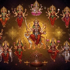 A majestic scene depicting all nine forms of Durga arranged in a circular mandala formation against a cosmic background with swirling golden energy. Each goddess distinct with traditional attributes - Shailputri on bull with trishul and lotus, Brahmacharini in white with rudraksha and kamandalu, Chandraghanta on tiger with ten hands holding various weapons, Kushmanda radiating solar energy with eight hands, Skandamata with Kartikeya, Katyayani with four hands on lion, Kaalratri with dark complexion on donkey, Mahagauri in white with four arms, and Siddhidatri with lotus throne. Each form illuminated by their signature aura colors - crimson, gold, orange, pink, and deep blue. Intricate Madhubani-style patterns flow between the forms. Sacred yantra designs float in background. Ethereal lotus petals and divine sparks scatter across scene. Modern digital art style with photorealistic textures, dramatic lighting with rim lights, and subtle particle effects. Rich jewel tones with deep maroons, royal blues, and burnished golds dominate the palette.