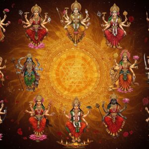 A magnificent portrayal of all nine forms of Goddess Durga arranged in a circular mandala formation against a cosmic background with swirling golden energy. Each form is distinct and detailed: Shailaputri with trishul and lotus, Brahmacharini with rudraksha and kamandalu, Chandraghanta with golden bell and ten hands, Kushmanda radiating solar energy with eight hands, Skandamata seated on lion with Kartikeya, Katyayani wielding sword and lotus, Kaalratri with dark complexion and flaming hair, Mahagauri in pure white with damaru and trishul, and Siddhidatri with lotus and divine weapons. The central focal point shows a large, intricate yantra with Sanskrit symbols glowing in divine light. The scene is illuminated by ethereal light in shades of deep crimson, saffron, and gold. Celestial flowers, particularly red hibiscus and lotus, float around the deities. The art style combines traditional Madhubani patterns in the border with modern digital art techniques, featuring rich textures, metallic accents, and a dramatic play of light and shadow. The background shows subtle sacred geometry patterns and flowing energy lines connecting all nine forms.