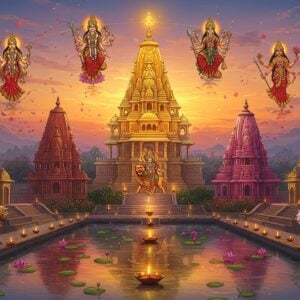 A magnificent panoramic view of nine ornate Indian temples arranged in a circular mandala pattern, each temple glowing with divine light in different colors representing the Navadurga. The central temple radiates golden light, surrounded by intricate Madhubani-style patterns. Each temple features distinct architectural styles from different regions of India - Nagara, Dravidian, and Bengali. In the foreground, a serene lotus pond reflects the temples, with floating diyas creating ethereal reflections. The sky features a mystical sunrise with soft pastel pinks and purples, while celestial lotus petals shower down. Around each temple, detailed Pattachitra-style illustrations show the specific forms of Durga - Shailaputri with her trishul and lotus, Brahmacharini with her kamandalu, Chandraghanta with her golden bell, Kushmanda on her lion, Skandamata with Kartikeya, Katyayani with four arms holding weapons, Kalaratri in her dark form, Mahagauri in pure white, and Siddhidatri with her divine powers. The scene is enhanced with swirling spiritual energy streams in gold and saffron, connecting all nine temples. Traditional Indian geometric patterns and yantra designs float in the air, creating a mystical atmosphere.