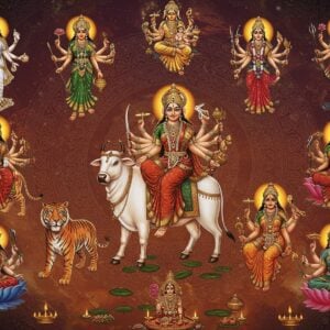 A majestic cosmic scene depicting nine divine Indian goddess forms arranged in a circular mandala pattern, each radiating distinct golden aura. At center, Shailaputri rides her white bull, holding lotus and trishul. Clockwise: Brahmacharini in white with rudraksha and kamandalu; Chandraghanta on tiger with ten arms holding various weapons; Kushmanda emanating solar energy with eight arms holding weapons and rosary; Skandamata with baby Kartikeya on lion; Katyayani in fierce golden form with three eyes on tiger; Kaalratri in dark complexion with flowing hair on donkey; Mahagauri serene in white on white bull; and Siddhidatri seated on lotus with four devas. Background features intricate Madhubani-style patterns in deep maroon and gold. Ethereal lotus flowers float around them. Scene enhanced with swirling cosmic energies in peacock blue and saffron. Soft divine light illuminates each form. Modern digital art style merging traditional Indian art elements, spiritual symbolism, and contemporary fantasy aesthetics. Photorealistic quality with mystical atmosphere.