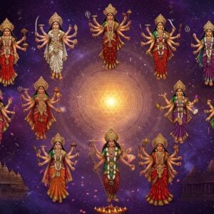 A grand, ethereal composition showcasing nine distinct forms of Durga arranged in a circular mandala formation against a cosmic background with swirling galaxies in deep purples and golds. Each Durga form reflects different regional styles - one in Bengali traditional red-bordered white saree, another in South Indian silk, one in Rajasthani lehenga, and others in varying regional attires. Each goddess has multiple arms holding traditional weapons, with their vahanas subtly positioned beside them. The central space features a large, intricate yantra pattern glowing with divine energy. The background transitions through different architectural elements - Bengal's terracotta temples, South's gopurams, North's nagara-style temples, and East's bamboo temples, all rendered in a ethereal, semi-transparent style. Magical light particles and lotus petals float in the air. The color palette combines rich traditional colors (deep reds, royal blues, saffron) with modern metallic golds and celestial purples. The art style merges traditional Madhubani patterns with contemporary digital art techniques, creating a seamless blend of ancient and modern aesthetics. Soft divine light emanates from each goddess figure, illuminating their unique cultural attributes and ornaments.