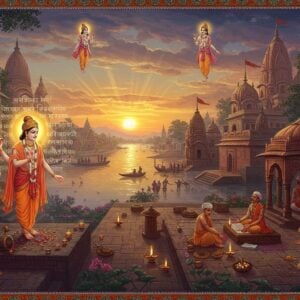 A mystical panoramic view of ancient Navadvipa during sunrise, with the sacred Ganges River flowing serenely in golden light. In the foreground, an ethereal figure of Sri Chaitanya Mahaprabhu in radiant saffron robes performing sankirtana, surrounded by a glowing mandala of Sanskrit verses transforming into lotus petals. Around him, detailed architectural marvels of traditional Bengali temples with intricate spires blend seamlessly with blooming kadamba trees. The scene features multiple layers of reality - the physical realm showing the historic city, and a transcendent realm showing floating vishnu-tattva symbols in peacock blue and gold. Small groups of scholars in traditional Bengali dhoti and kurta are seated in ancient stone courtyard, deep in philosophical discussion, their gestures animated and expressive. Soft mist creates a dreamlike atmosphere, with floating oil lamps and flower petals. The art style combines classical Indian Pattachitra techniques with modern digital art, emphasizing rich colors of deep maroon, saffron, and royal blue. The lighting is ethereal with divine rays breaking through clouds, suggesting spiritual enlightenment. Intricate Madhubani-style borders frame the scene with traditional Bengali motifs and symbols of Gaudiya Vaishnavism.