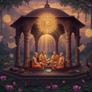 A majestic scene of ancient Navadvipa's scholarly gathering, featuring five distinguished Indian philosophers in traditional Bengali dhoti and chadar, seated in an ornate open-air pavilion with intricate Madhubani-style carved pillars. The central figure holds a palm leaf manuscript, while others are engaged in philosophical discourse. The pavilion is surrounded by blooming lotus ponds and banyan trees with hanging roots. A large, ethereal mandala floats in the background sky, emanating golden light rays. The scene is illuminated by traditional brass oil lamps, creating a warm, spiritual ambiance. Multiple smaller mandalas and Sanskrit symbols float in the air like mystical energy. The color palette features deep maroons, celestial blues, and rich golds. The architectural details blend Pattachitra art style with classical Bengali temple architecture. Floating scrolls and manuscripts create a mystical atmosphere, while peacocks add royal essence to the scene. Hyperrealistic digital art style with a dreamy, spiritual overlay.