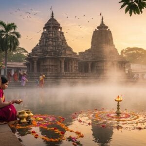 A serene panoramic view of Atri's hot springs at sunrise, with steam rising mystically in golden morning light. In the foreground, a traditionally dressed Odia woman in a deep maroon handloom saree with intricate temple border performs puja with brass vessels. Behind her, the ancient Hatakeswara Temple rises majestically, its detailed Kalinga architecture rendered in weathered sandstone with intricate carvings. The scene is framed by lush palm trees and flowering frangipani. Local villagers in colorful Sambalpuri textiles can be seen in middle distance, carrying bright brass pots. The sky features soft pastel pinks and oranges, with delicate Madhubani-style cloud patterns. The overall composition combines photorealistic details with ethereal Indian artistic elements, featuring a rich color palette of deep maroons, vibrant yellows, and peaceful blues. Sacred threads and flower petals float in the spring water, creating circular ripples that mirror mandala patterns. The lighting is warm and mystical, with god rays filtering through morning mist, lending the scene a timeless, spiritual quality.