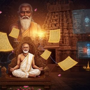 A serene Indian scholar in traditional white dhoti and angavastram sits cross-legged on an ornate wooden platform, surrounded by floating, ethereal Tamil scripts of Thirukkural verses in gold. Behind him, a massive, intricately carved temple gopuram merges with a modern digital interface displaying holographic translations. The scene is illuminated by warm, golden light with floating lotus petals. Saint Thiruvalluvar's presence is shown as a subtle, translucent figure in the background, wearing his characteristic white robes and beard. The art style combines traditional Tanjore painting elements with modern digital aesthetics, featuring rich maroons, deep blues, and metallic gold accents. Sacred Tamil symbols and mandala patterns float in the air, creating a bridge between ancient wisdom and contemporary technology. The overall composition has a mystical quality with swirling energy patterns connecting the ancient texts to modern tablets and screens, symbolizing the timeless relevance of Thirukkural. The lighting creates a divine atmosphere with soft glows and sparkles around the sacred texts.