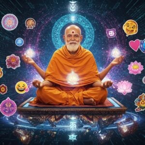 A serene Indian sage Prabhakara in traditional saffron robes, seated in padmasana on a floating digital platform, surrounded by holographic Sanskrit symbols and modern emoji orbs. His hands form mudras while ethereal light streams create a bridge between ancient wisdom and modern technology. Around him, animated GIF-like circular mandalas pulse with vibrant energy in shades of electric blue and cosmic purple. Stickers featuring traditional Indian motifs float and glitter in the digital space. The background shows a metaphysical datascape with flowing binary code in gold. Prabhakara's face radiates wisdom with a subtle smile, his third eye glowing with divine knowledge. The scene combines Madhubani art patterns in the sage's robes with sleek, futuristic design elements. Crystal-clear sacred geometry patterns intersect with modern UI elements. The lighting creates a dramatic contrast between warm spiritual golden hues and cool digital blues. The composition should feel both ancient and futuristic, with floating lotus flowers transformed into digital icons. Art style should be hyperrealistic digital art with strong Indian cultural elements and modern tech aesthetics.