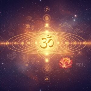 A serene cosmic scene depicting the infinite nature of Brahman, showing a luminous, golden Om symbol floating in a vast ethereal space filled with intricate mandalas and sacred geometry patterns. The background transitions from deep indigo to royal purple, with swirling galaxies and nebulae in soft gold and saffron hues. Multiple translucent layers of consciousness represented by concentric circles ripple outward from the Om symbol. Sacred threads of light connect various elements of creation - mountains, rivers, fire, and ether - all emerging from and dissolving into the central Om. Traditional Vedic symbols and yantra patterns float in the space, rendered in glowing golden lines. Floating lotus flowers in various stages of bloom represent the journey of self-realization. The scene is illuminated by a divine, soft light creating an atmosphere of profound peace and cosmic unity. The art style combines traditional Indian sacred geometry with modern digital art techniques, featuring detailed linework and a rich color palette of deep blues, purples, and metallic golds. Hyperrealistic rendering with ethereal lighting effects and particle systems create a sense of divine energy flowing through the composition.