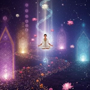 A serene Indian woman in meditation pose floating above a spiraling, luminous path made of interconnected golden mandalas and sacred geometry patterns. She wears a contemporary white flowing dress with traditional Indian elements. Around her, multiple ethereal doorways of light in various sacred shapes (triangles, circles, squares) appear, each emitting soft pastel hues of lavender, aqua, and rose gold. Floating lotus flowers at different stages of bloom surround her, some transforming into glowing light orbs. The background features a gradient from deep indigo to cosmic purple, with subtle constellation patterns. Multiple translucent, golden compasses and ancient spiritual symbols hover in the space, creating a bridge between traditional and modern spirituality. Small particles of light spiral upward around the woman, creating a DNA-like helix pattern. The scene is illuminated by a soft, otherworldly glow, with rays of light filtering through the doorways. The art style combines hyperrealistic digital rendering with traditional Indian Madhubani patterns in the details, creating a contemporary spiritual aesthetic. The overall composition suggests both movement and stillness, progress and peace.