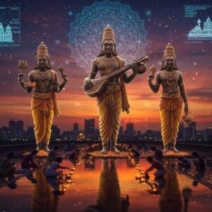 A mesmerizing scene depicting three traditional Tamil Nayanar saints in detailed period-accurate attire, standing amidst a modern metropolitan Chennai skyline at sunset. The saints are rendered in the Chola bronze sculpture style but with a glowing, ethereal aura. The central figure holds a veena, symbolizing Thirugnana Sambandar, while the others display traditional Shaivite symbols. Around them, holographic projections showcase ancient Tamil texts and temple architecture floating in the air. The foreground features a large reflective pool where modern youngsters in contemporary clothes are seen offering prayers, creating a bridge between past and present. The color palette combines deep browns and golds of traditional art with neon blues and purples of modern city lights. Intricate Madhubani-style patterns form a mandala in the sky, while digital particles and sacred ash vibhuti patterns float through the air. The scene is illuminated by both traditional oil lamps and modern LED lights, creating a harmonious blend of ancient and contemporary elements. The art style merges hyperrealistic digital rendering with traditional South Indian temple art motifs.