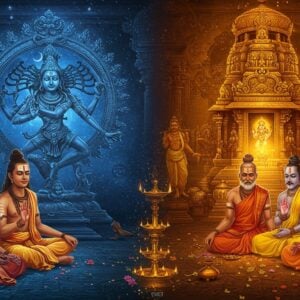 A split composition showing two groups of saints in contrasting yet harmonious settings - on the left, three Nayanar saints in traditional Tamil attire with Shiva-related symbols (rudraksha malas, sacred ash marks), seated near a magnificent bronze Nataraja statue emanating a divine blue aura. On the right, three Alvar saints in Vaishnava traditional dress with Vishnu-related symbols (tilak marks, tulsi malas), near an ornate temple vishnu shrine glowing with golden light. The central dividing line features an intricate Tamil-style mandala pattern transitioning from deep blue to golden hues. Both groups are shown in deep meditation with peaceful expressions. The background incorporates Dravidian temple architecture elements with floating lotus flowers, subtle spiritual symbols, and swirling energy patterns. The lighting creates a mystical atmosphere - cool blue tones on the Shaivite side and warm golden tones on the Vaishnava side. The art style combines traditional South Indian temple art with modern digital aesthetics, featuring rich colors like deep maroon, peacock blue, and saffron. The scene includes ethereal elements like glowing halos, floating musical instruments (veena, cymbals), and palm leaf manuscripts with Tamil scripts floating in the background.