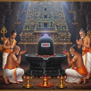 A mystical scene depicting three prominent Nayanars saints in traditional Tamil attire (white veshti and angavastram) performing intense devotion to a magnificently carved black granite Shiva lingam. The lingam emanates ethereal blue light and is adorned with vibrant bilva leaves and red hibiscus flowers. In the background, a massive ancient Tamil temple architecture with intricate Dravidian gopuram details rises, decorated with countless oil lamps creating a warm golden glow. The saints' faces show deep devotion and spiritual ecstasy. One saint plays the veena, another offers sacred ash, and the third performs prostration. Spiritual symbols like the crescent moon, trishul, and damaru float in the air, rendered in glowing golden lines. The scene is enhanced with swirling smoke from copper incense holders, with hints of cosmic energy in deep blues and purples. The art style combines traditional Tanjore painting elements with modern digital art techniques, featuring rich gold leaf effects, deep maroons, and midnight blues. Soft light rays filter through the temple pillars, creating a divine atmosphere. The composition includes delicate mandala patterns and Tamil architectural motifs in the borders.