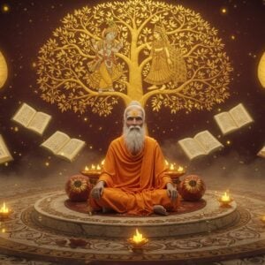 A serene elderly Indian sage with silver hair and traditional tilak, wearing saffron robes, seated in padmasana on an ornate marble platform adorned with Madhubani-style lotus patterns. He's surrounded by ancient palm leaf manuscripts and Sanskrit texts floating ethereally around him, their edges glowing with divine golden light. Behind him rises a massive golden tree of knowledge with branches forming the shape of Krishna and Radha, rendered in traditional Pattachitra style but with modern digital luminescence. Four symbolic elements float at corners: a peacock feather (representing Krishna), a lotus (knowledge), a veena (devotional music), and a glowing manuscript. The scene is bathed in warm, mystical light with swirling patterns of vedic mathematical formulas creating a subtle mandala in the background. The color palette features deep maroons, rich golds, and peaceful blues. Soft particles of light float around like fireflies, creating a magical atmosphere. The art style combines hyperrealistic digital rendering with traditional Indian artistic elements, featuring intricate patterns and spiritual symbolism. Photorealistic, cinematic lighting, volumetric fog, octane render.