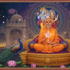 A serene Indian spiritual master in saffron robes seated in padmasana on an ornate golden lotus platform, radiating divine light. Behind him, a large intricate mandala incorporating Krishna and Radha in deep blue and gold hues. The background features a stylized temple architecture with traditional Madhubani patterns. Two streams of divine energy - one deep crimson representing devotion and one pristine white representing knowledge - flow from his heart chakra, intertwining to form the shape of an eternal knot. Floating celestial lotuses in pastel pink and ethereal blue surround the scene. Soft golden particles of light illuminate the atmosphere. The art style combines traditional Indian miniature painting techniques with modern digital art aesthetics, featuring rich textures and subtle gradients. The lighting is warm and mystical, with a soft ethereal glow emphasizing the spiritual atmosphere. The composition includes detailed peacock feather motifs and vedic symbols in the borders.