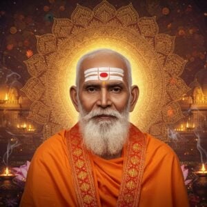 A serene, ethereal portrait of a traditional Indian sage with Nimbarka tilak (two vertical white lines with a black dot in between) prominently displayed on his forehead, rendered in hyper-realistic detail. The sage wears saffron robes with intricate golden thread work depicting Vaishnava symbols. Behind him, a large, ornate mandala radiates soft golden light, incorporating detailed Krishna-Radha motifs in Madhubani style. The background features a mystical temple architecture with floating lotus flowers and soft glowing orbs. Delicate smoke wisps carry the essence of traditional temple incense. The color palette emphasizes deep maroons, saffron, and peacock blue with accents of gold. Sacred tulsi plants and traditional Vaishnava symbols float ethereally around the composition. The lighting is divine and otherworldly, with rays of light creating a halo effect around the tilak. The art style combines traditional Indian miniature painting techniques with modern digital art aesthetics, creating a harmonious blend of ancient and contemporary elements.