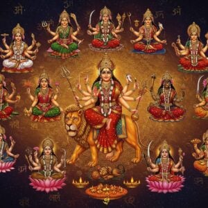 A majestic portrayal of all nine forms of Durga Maa arranged in a circular mandala formation against a cosmic background with swirling golden energy. In the center, Maa Durga in her primary form riding her lion, wearing a red silk saree with gold border, four hands holding trishul, lotus, chakra, and conch, crowned with a golden mukut. Around her, clockwise: Shailaputri on her bull with trishul and lotus, Brahmacharini in white holding kamandalu and japa mala, Chandraghanta in golden attire with her ten arms and weapons, Kushmanda radiating solar energy on her lion, Skandamata carrying baby Kartikeya, Katyayani in fierce battle pose with her sword raised, Kaalratri in dark form with disheveled hair and necklace of skulls, Mahagauri in pure white with damaru and trishul, and Siddhidatri seated on lotus with her four arms holding various divine objects. The scene is illuminated with divine light, adorned with floating lotus flowers, and intricate Madhubani-style patterns in deep maroon and gold forming connecting mandalas between each form. The background features subtle symbols of each night of Navratri in metallic gold. The art style merges traditional Indian iconography with modern digital aesthetics, using a rich color palette of deep crimson, royal blue, saffron, and gold with ethereal lighting effects.